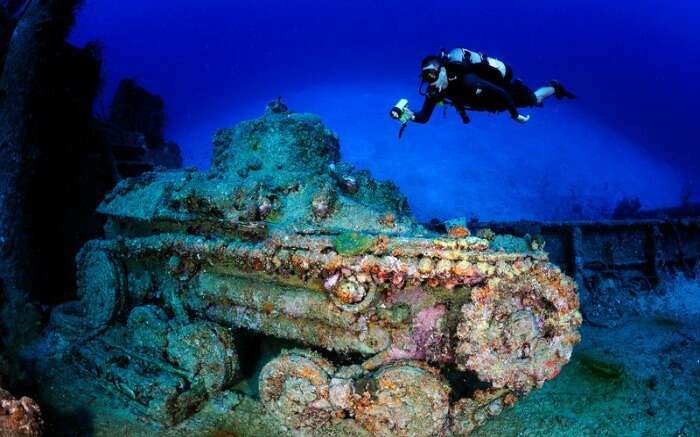 A diver takes a look at the San Francisco Maru Truk Lagoon in Micronesia