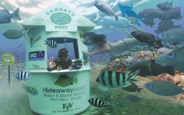 A special Vanuatu post diver checks all the mails and cancels them with an embossing device.