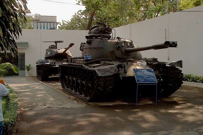 A couple of tanks standing at the War Remnants Museum that is one of the Vietnam tourist attractions