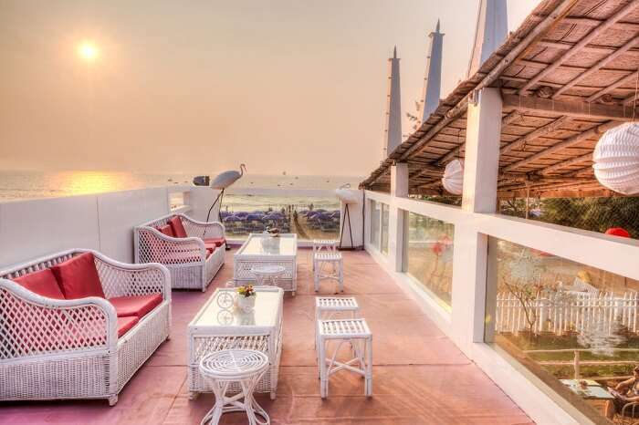 A view of the setting sun at the beach front restaurant at the Estrela do mar Beach Resort