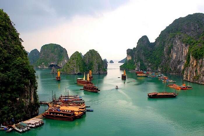 Numerous boats docked at the Halong Bay