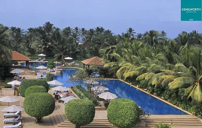 An aerial view of the swimming pool and the poolside seating at the Kenilworth Resort and Spa