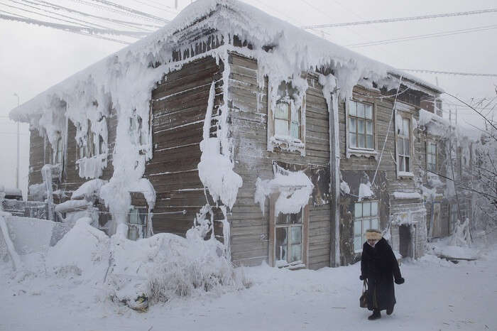 A house covered in snow flakes in Oymyakon in winters