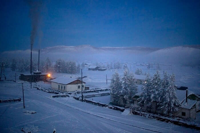 A snap of the Oymyakon village with a heating plant snapped during winters