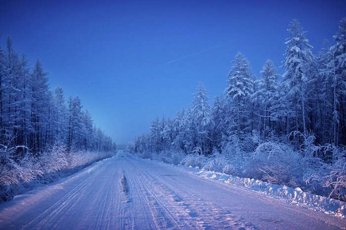 The snow-covered Road of Bones in Oymyakon during winters