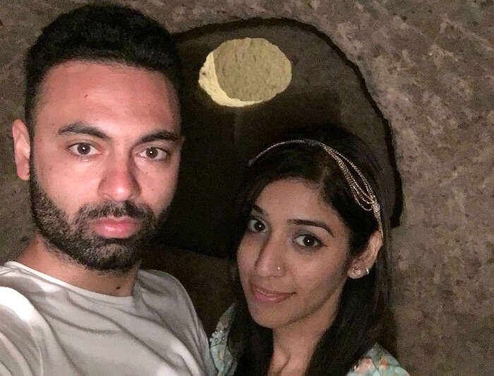 Jasmeet andher husband click a selfie in the Underground city in Derinkuyu