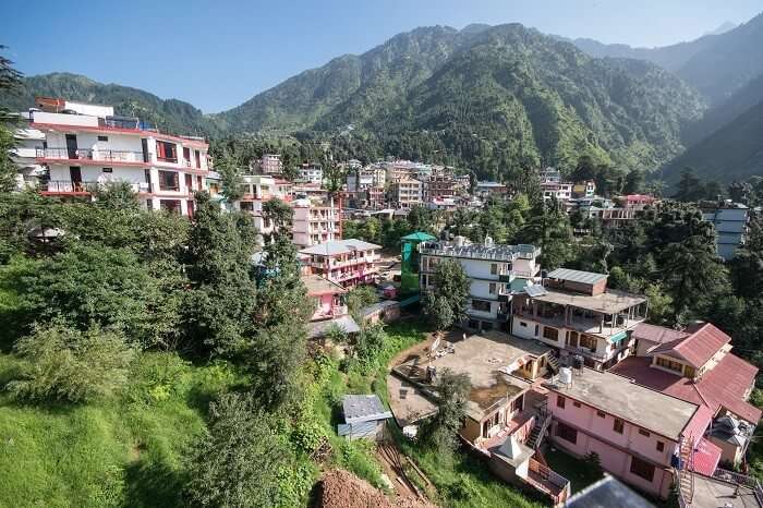 An aerial view of the Bhagsu village that marks the end of the Triund trek