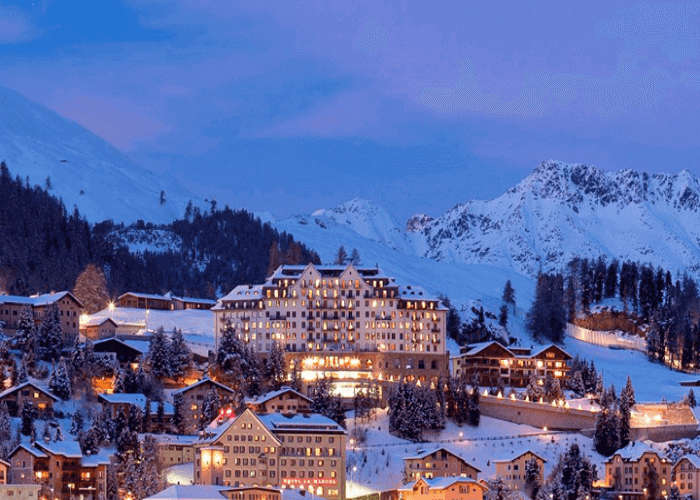 The stunning Carlton Hotel at St Moritz which is one of the best places to visit in Switzerland in winter