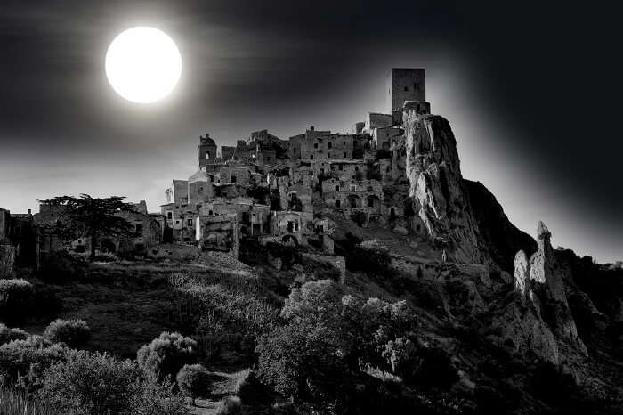 Craco in the moonlight, an abandoned village in Basilicata in south of Italy