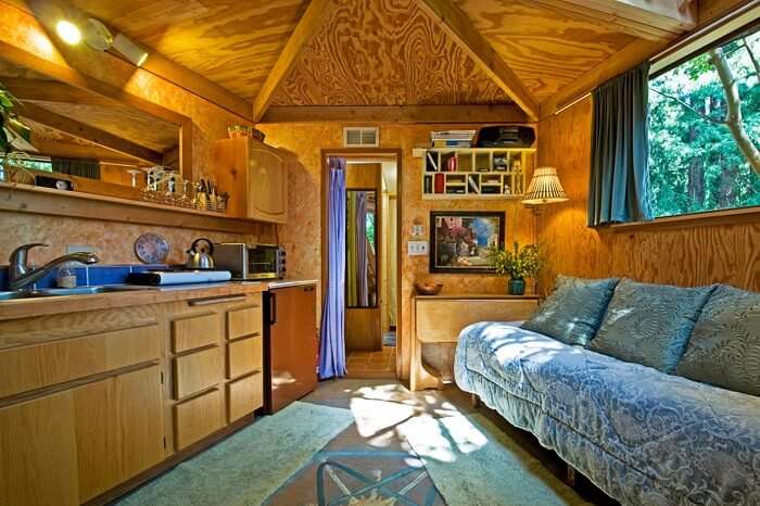 The interiors of the Mushroom Dome Cabin in California