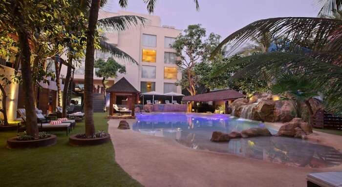 The outer pool deck of the Novotel Goa Resort & Spa