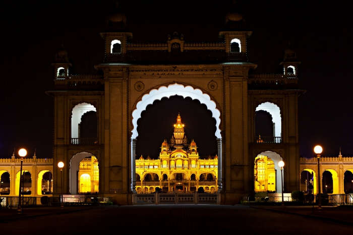 A bright and glorious Mysore Palace at night