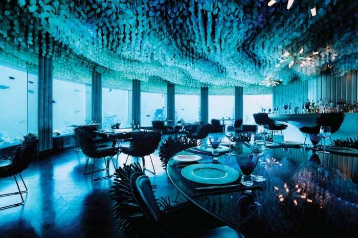 Interior view of Subsix- the underwater nightclub in Maldives