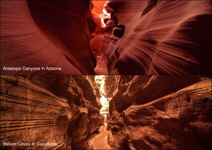 comparison between Arizona's Antelope Canyons and Gandikota's Belum Caves