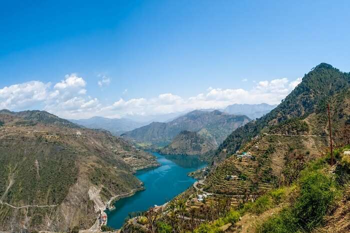 Beautiful Tehri Lake amidst the mountains of Chamba in Himachal