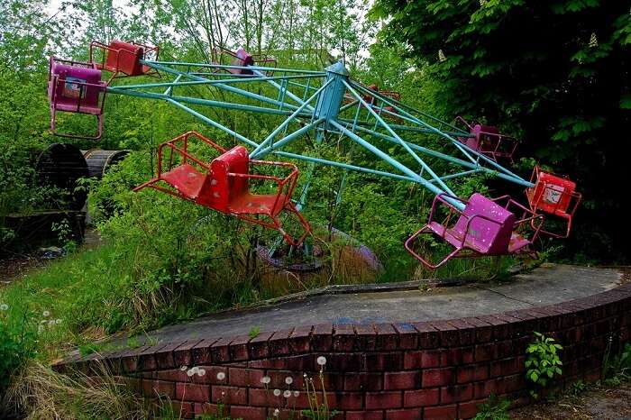 Plants growing through one of the rides at the Dadipark in Belgium