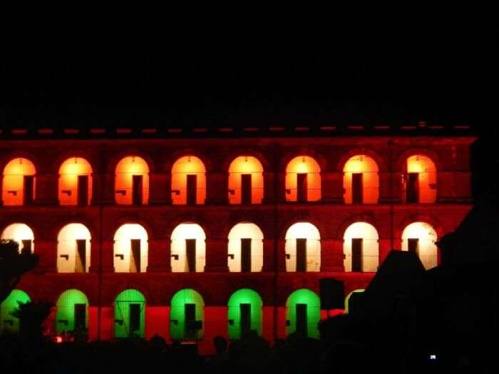 Cellular Jail adorned in the tricolors of the Indian flag during the Light and Sound Show