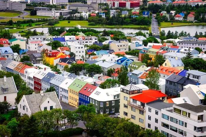 Aerial view of colorful houses in the Reykjavik city