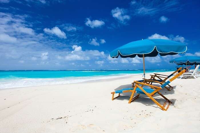 Chairs and umbrella on a beautiful tropical beach at Anguilla