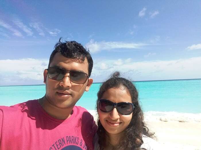 Karthi and his wife at the Sun Island Resort in Maldives