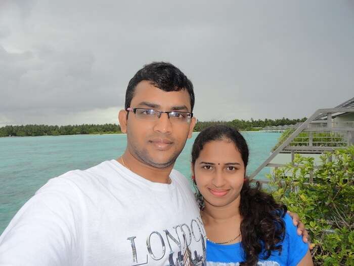 Karthik and his wife at the water villa in Sun Island Resort 