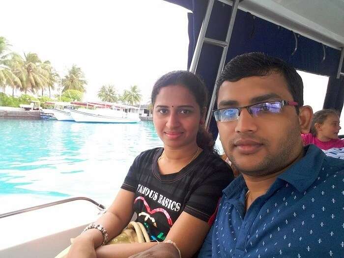 Karthik and his wife being transferred by boat to Maldives