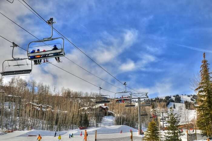 Gondola Ride at Ski resort in Snowmass near Aspen Colorado on a sunny day