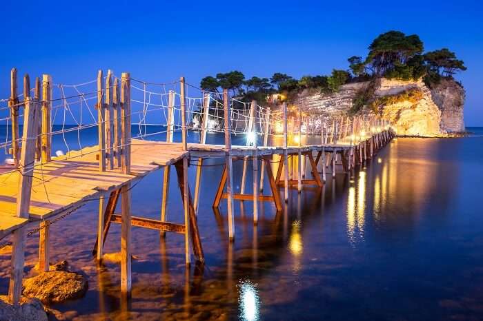 A snap of the hanging bridge to the island at night on the Zakhynthos island in Greece