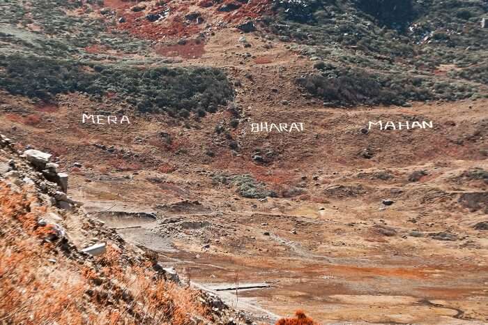 Mera Bharat Mahan inscribed on a hill enroute Nathula Pass