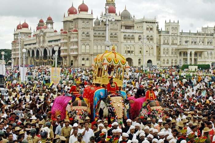 Locals gather for the elephant rally during the Mysore Dussehra festival