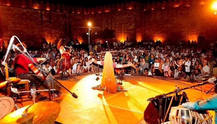 Local artists performing during the Rajasthan International Folk Fest