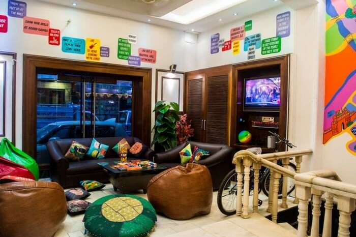 Common area of Zostel - a popular backpacking hostel in Delhi