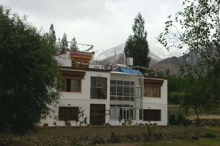 Tukchu homestay in Leh with imposing mountains and greenery all around