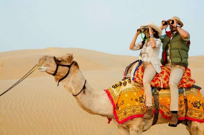 People exploring the vast dunes of desert while enjoying camel safari in Jaisalmer