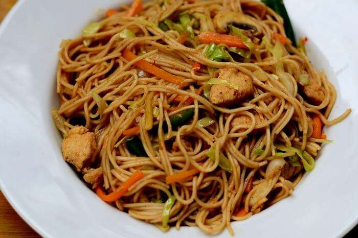 A platter of chicken noodles at Golden Point Tea & Snacks