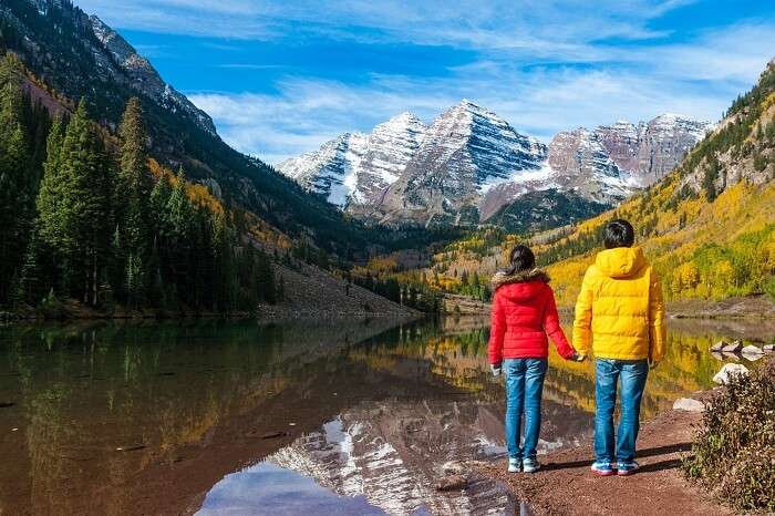 Young couple at Maroon Lake in Aspen