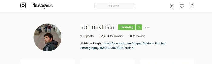 Abhinavs instagram page