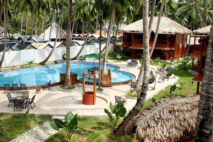 An aerial shot of the exteriors of the Coral Reef Resort in Havelock