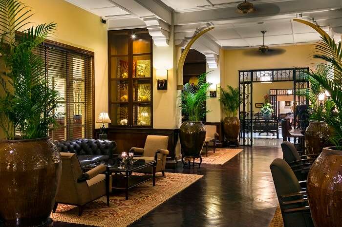 A calm scene from the elegant Elephant Bar at the Raffles Grand Hotel d'Angkor in Siem Reap in Cambodia