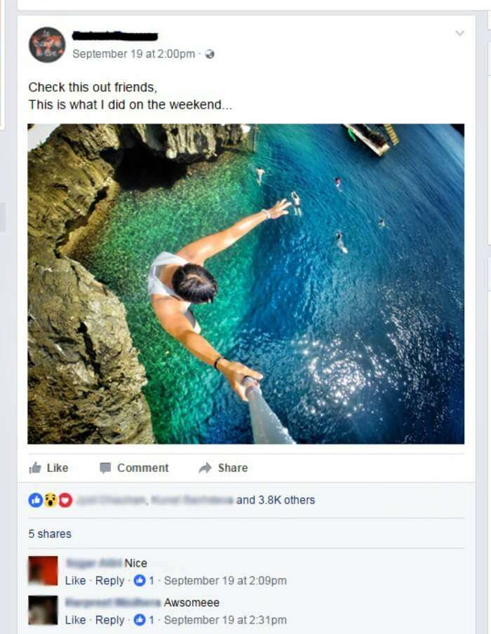 a man posting a selfie of himself cliff diving