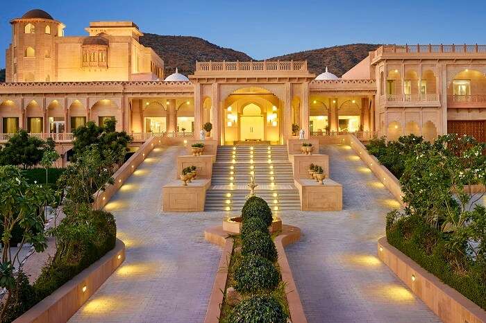 A night shot of the grand Gateway Resort in Ajmer