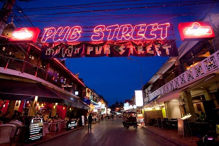 A night shot of the famous pub street that is popular for its nightlife scene