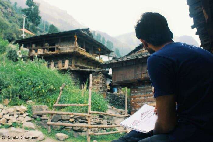rahul starting his sketch in nakthan village