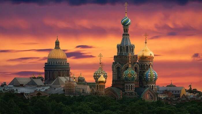 The St. Basil's Cathedral in Russia at dusk