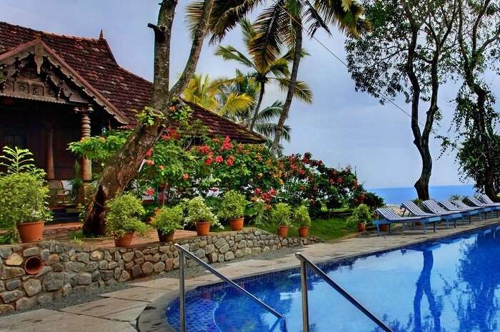 The grand swimming pool at the Somatheeram Resort in Kerala