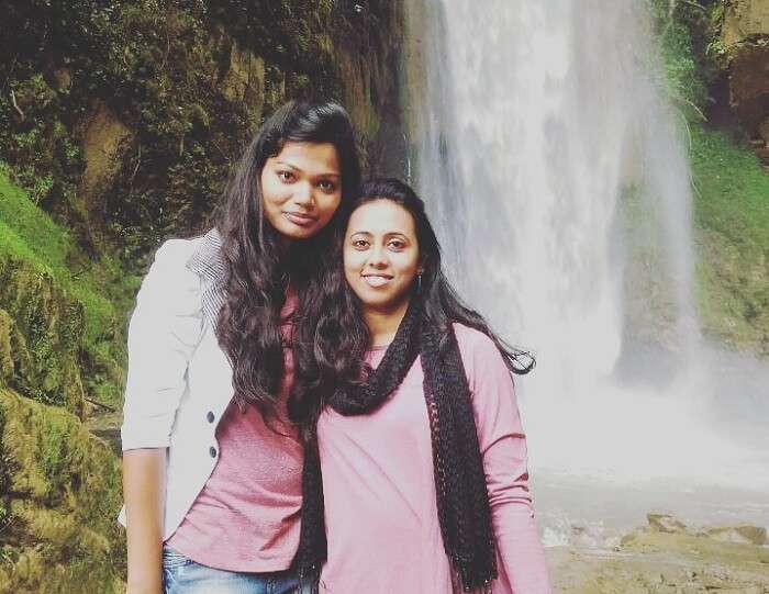 Anamika and her friend at Tiger Fall in Chakrata