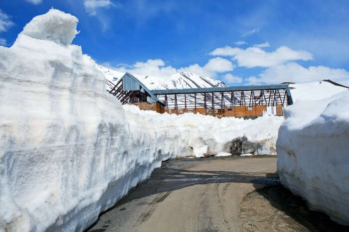 A path cut out of snow near Rohtang Pass