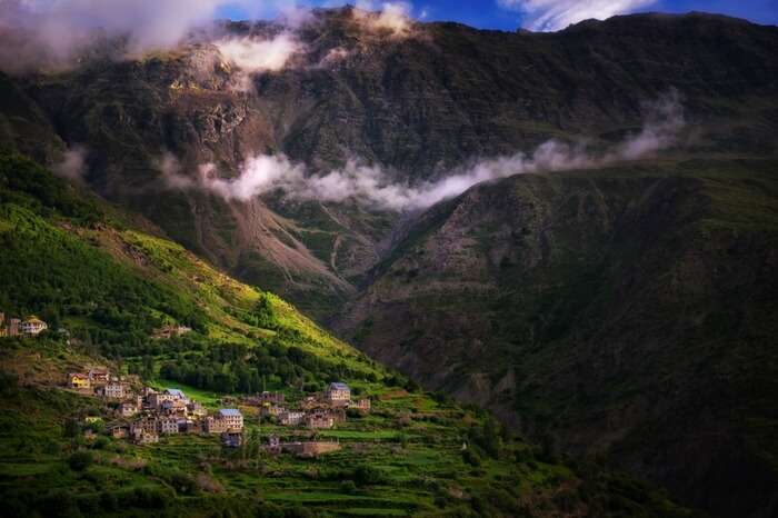 A village tucked in the hills near Rohtang Pass