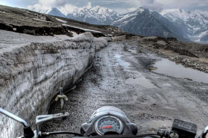 The treacherous path leading to Rohtang is mostly mud and snow