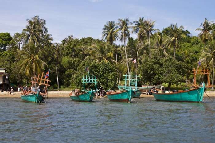 Tourists on a boat at Koh Tonsay island in Cambodia
